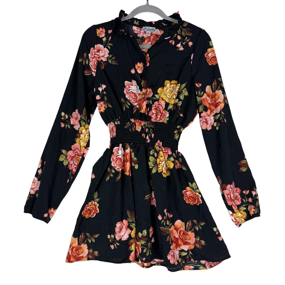 J For Justify Dress Juniors M Black Floral Smocked Fit Flare Long Sleeve‎ Ruffle